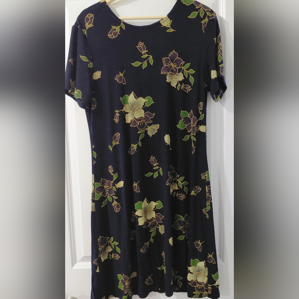 Floral Short Sleeve Swing Dress - Navy with Green & Cream Flowers